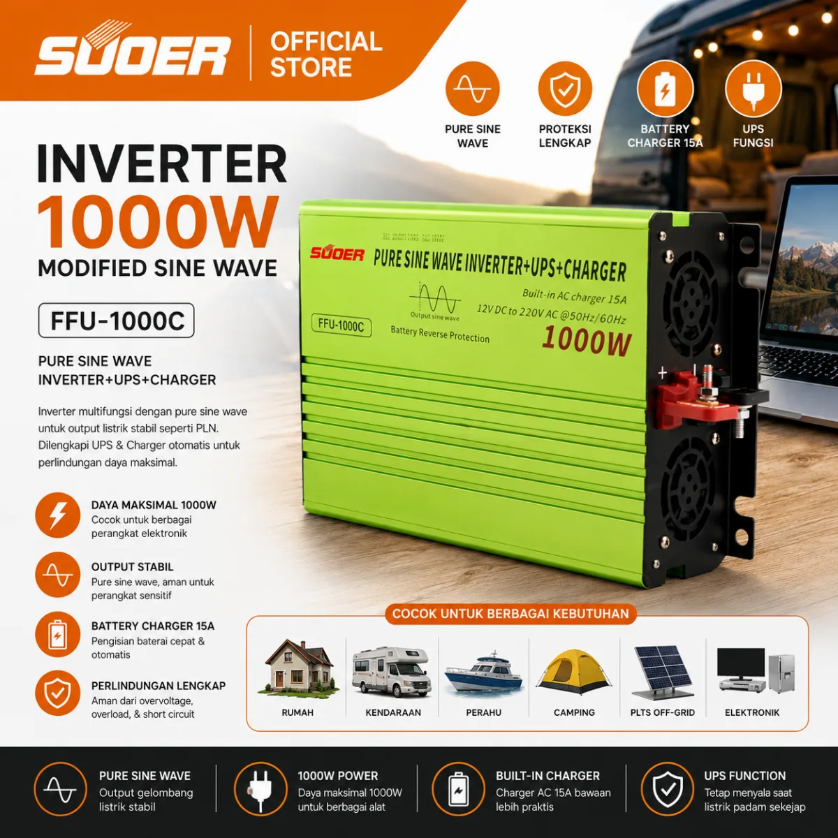 SUOER Inverter FFU-1000 1000 Watt 12V Pure Sine Wave + Charger