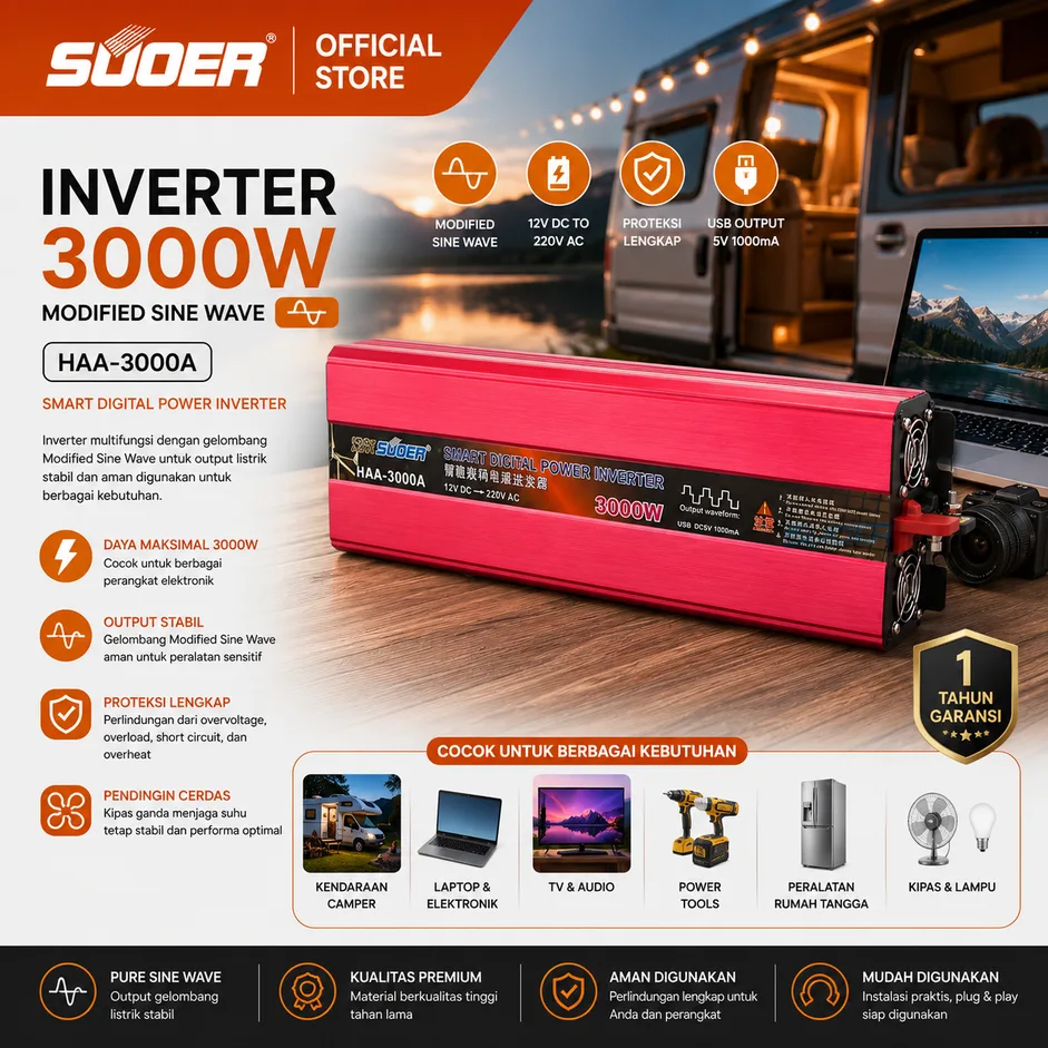 SUOER Inverter FFU-1000 1000 Watt 12V Pure Sine Wave dengan Charger