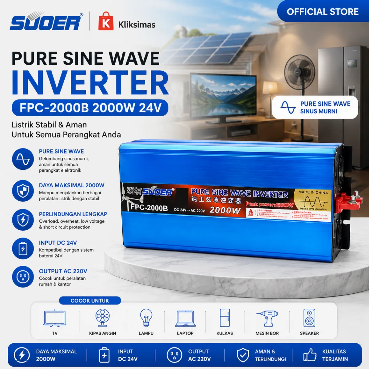 SUOER Inverter FFU-1000 Biru 1000 Watt 12V Pure Sine Wave + Charger