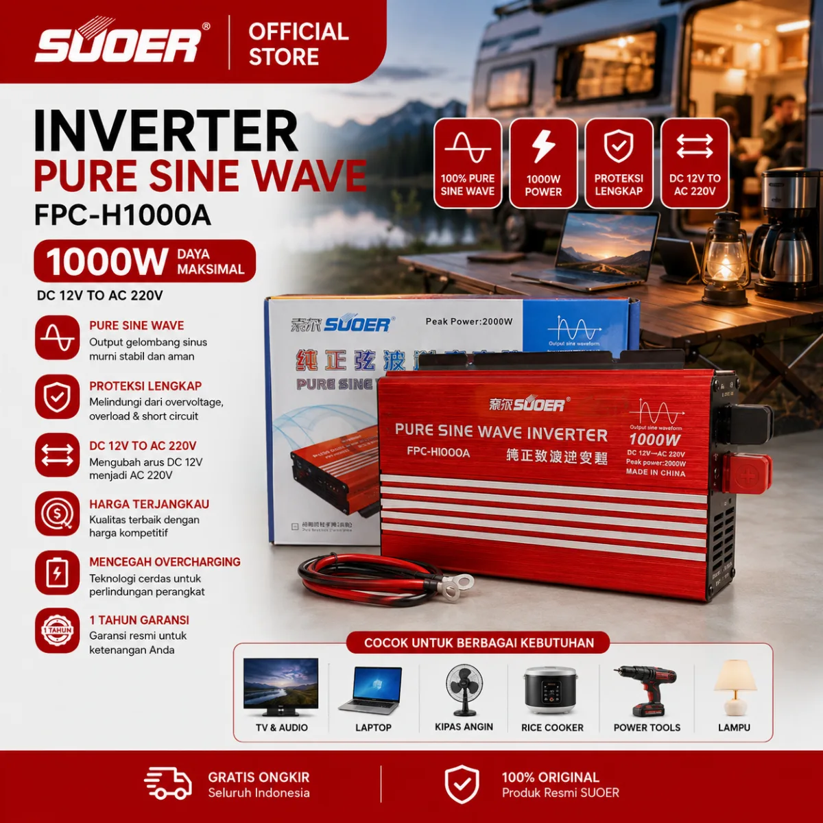 SUOER INVERTER FPC-H 1000 WATT 12 VOLT PURE SINE WAVE