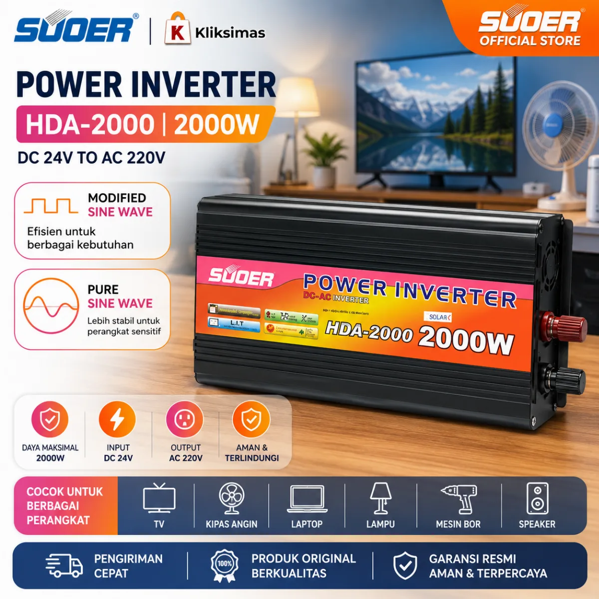 SUOER INVERTER HDA 2000 WATT MODIFIED SINE WAVE dan PURE SINE WAVE