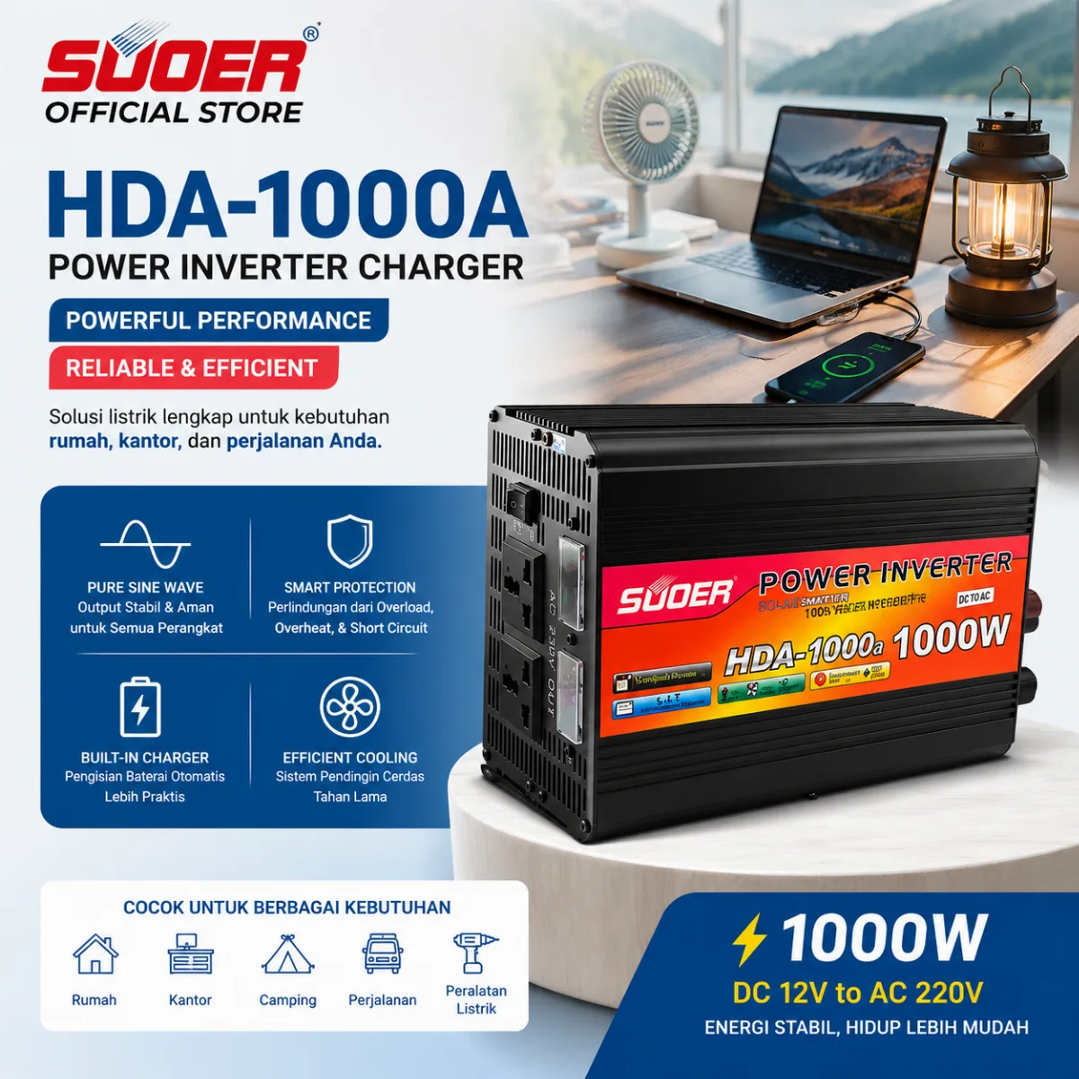 SUOER Inverter HDA Pure Sine Wave dengan Charger Otomatis & UP