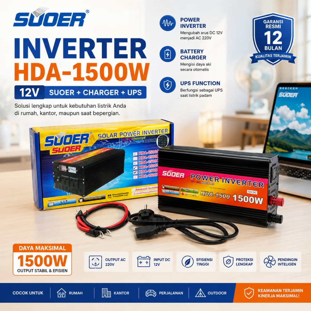 SUOER INVERTER HDA-1500W 12V + CHARGER + UPS