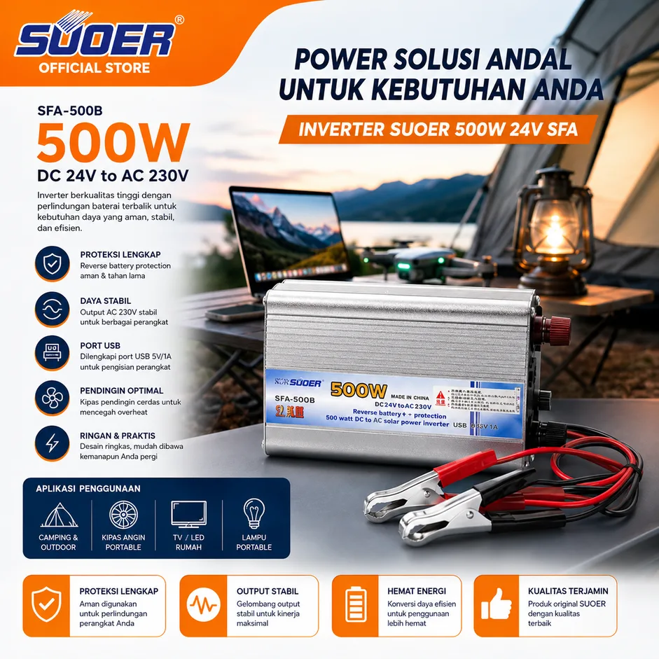 SUOER Inverter SFA-500B 500 Watt 24V to 220V Modified Sine Wave