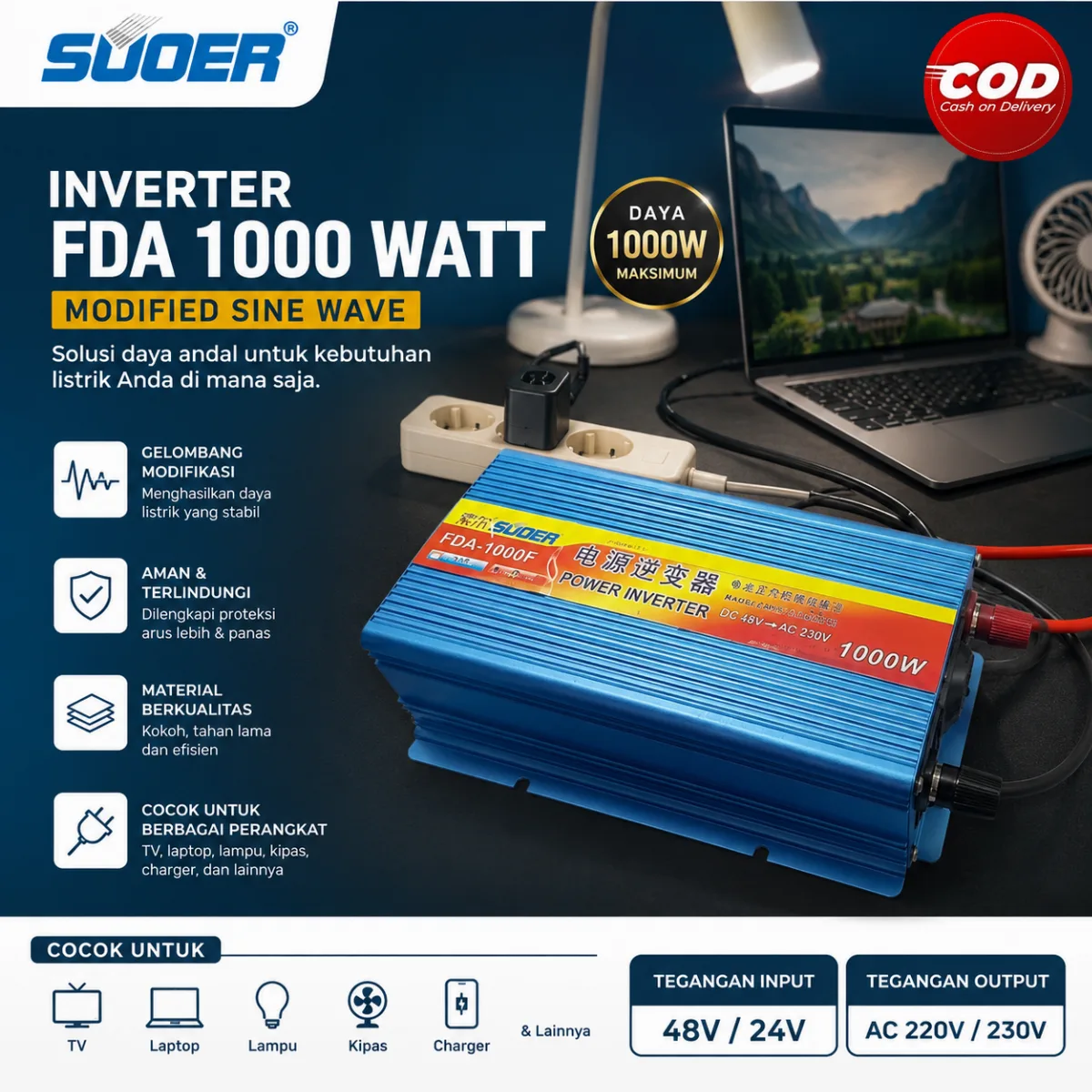 SUOER INVERTER FDA-1000 1000 WATT MODIFIED SINE WAVE