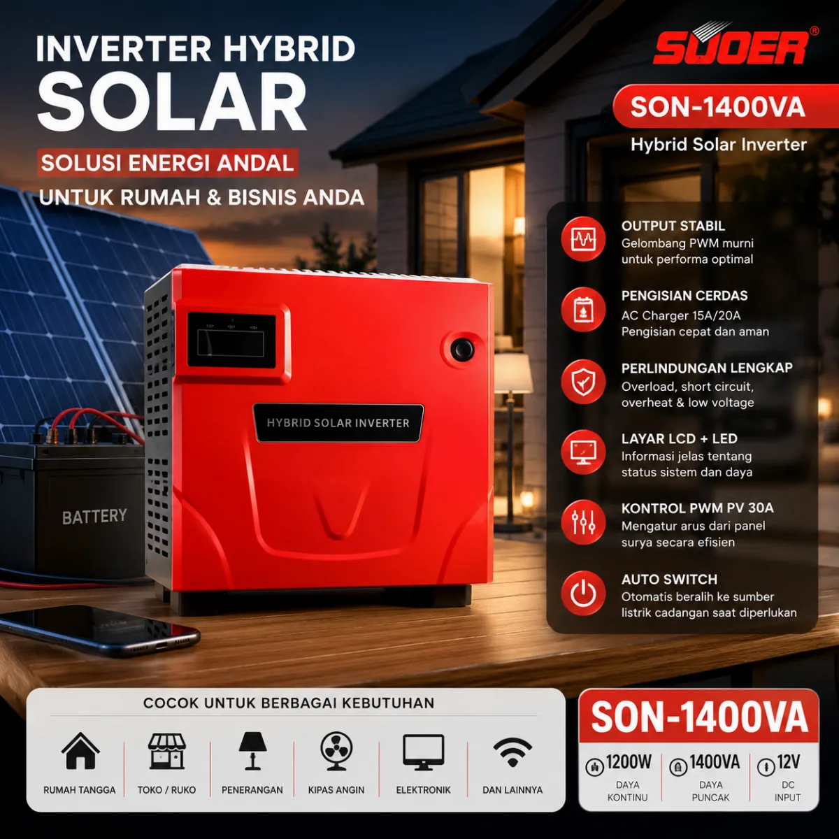 SUOER Inverter SON-1400 Hybrid 1400VA / 800W 12V