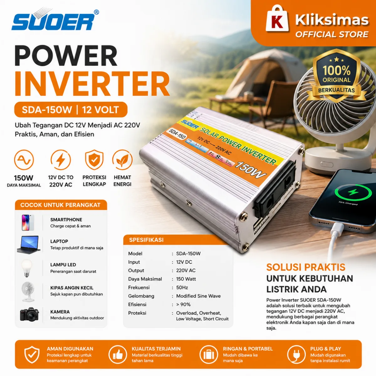 Power Inverter 150 Watt 12 volt (150w) SDA-150 W SUOER