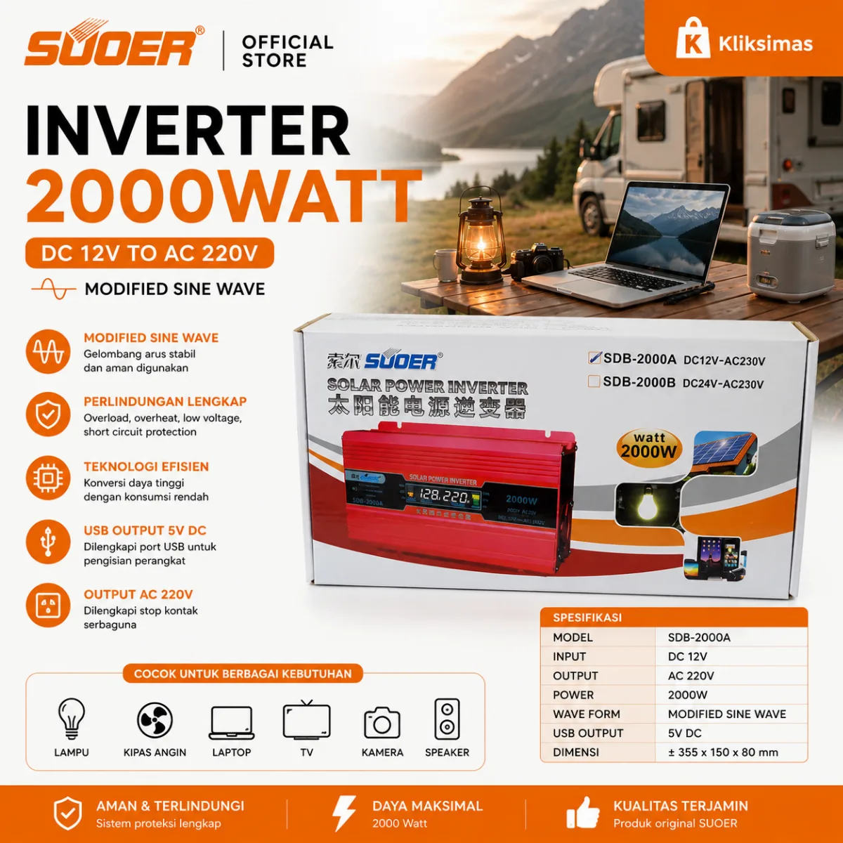 SUOER INVERTER SDB 2000 WATT 12 VOLT MODIFIED SINE WAVE
