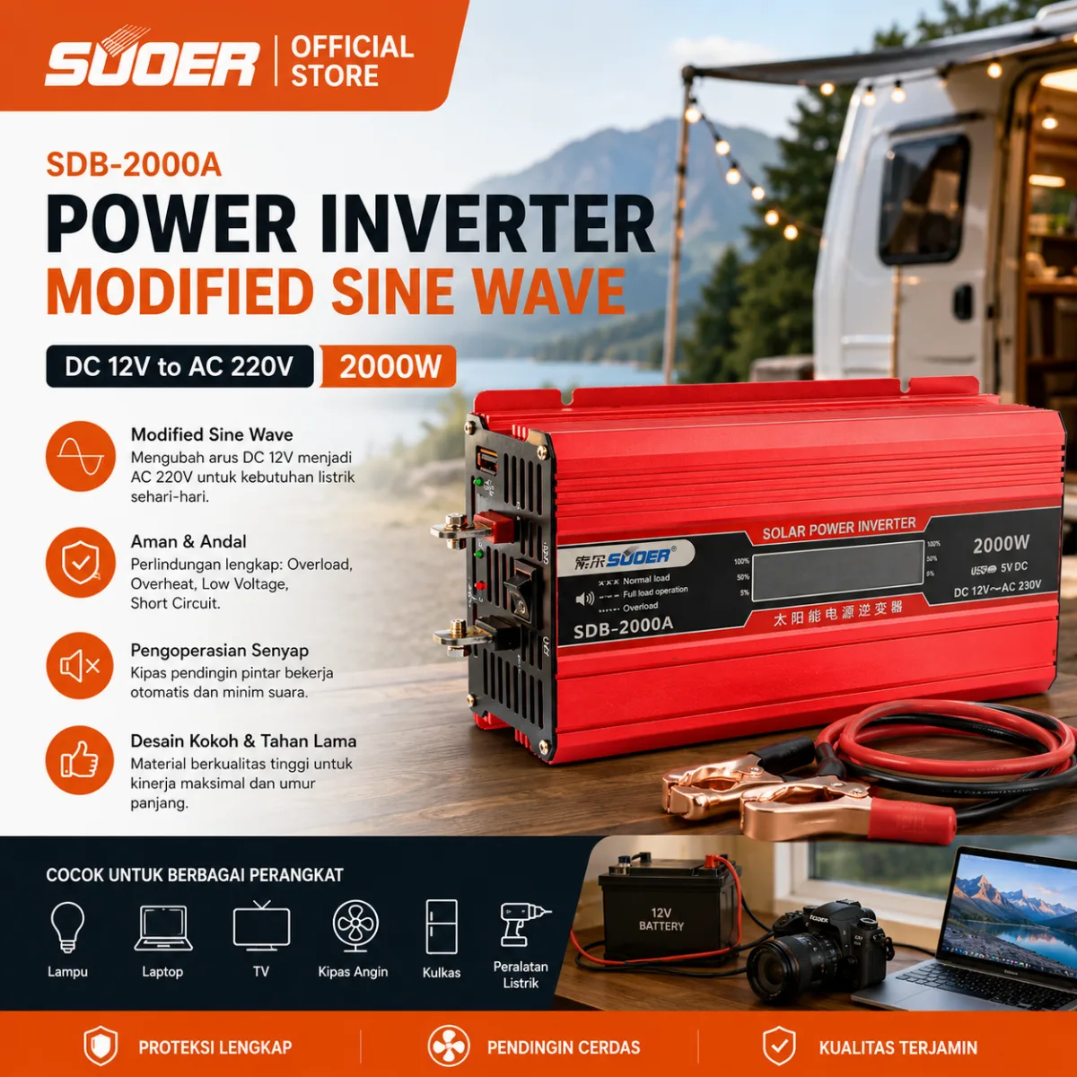 SUOER INVERTER SDB 2000 WATT 12 VOLT MODIFIED SINE WAVE