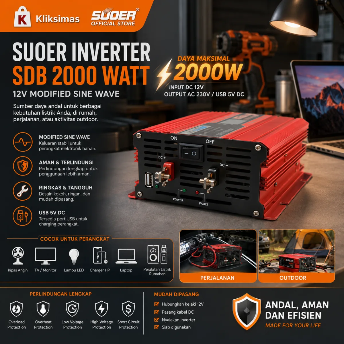 SUOER INVERTER SDB 2000 WATT 12 VOLT MODIFIED SINE WAVE