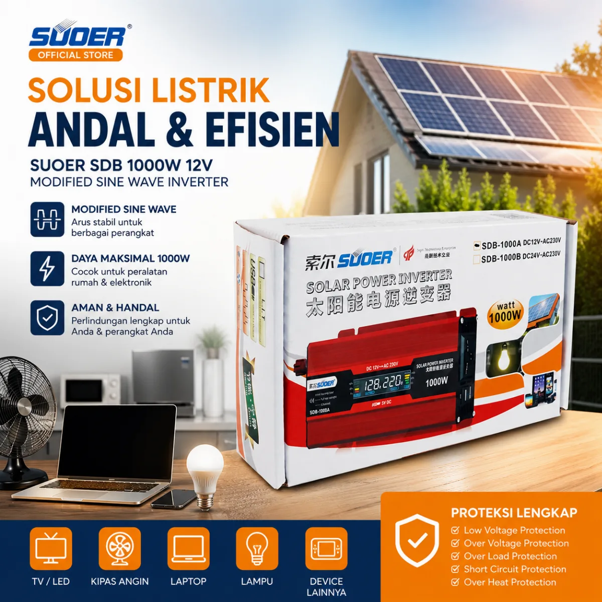 SUOER Inverter SDB-1000W Modified Sine Wave 12V 1000 Watt