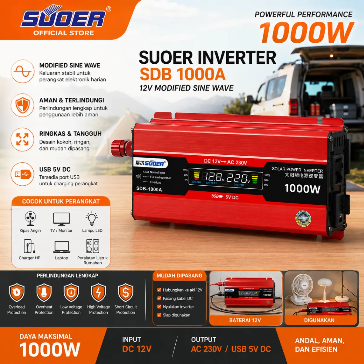 SUOER Inverter SDB-1000W Modified Sine Wave 12V 1000 Watt