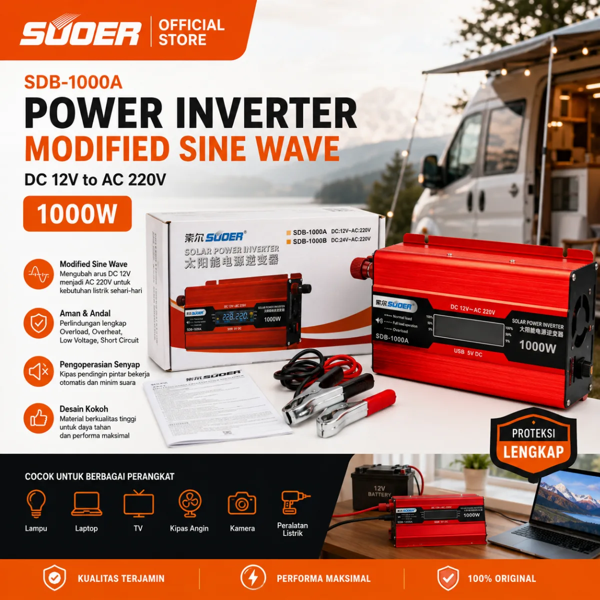 SUOER Inverter SDB-1000W Modified Sine Wave 12V 1000 Watt