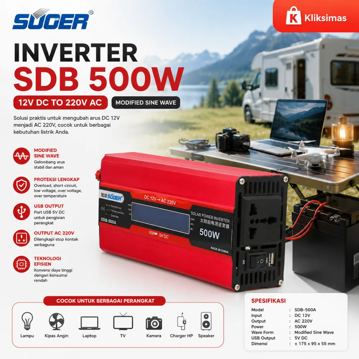 SUOER Inverter SDB-500W Modified Sine Wave 12V 500 Watt