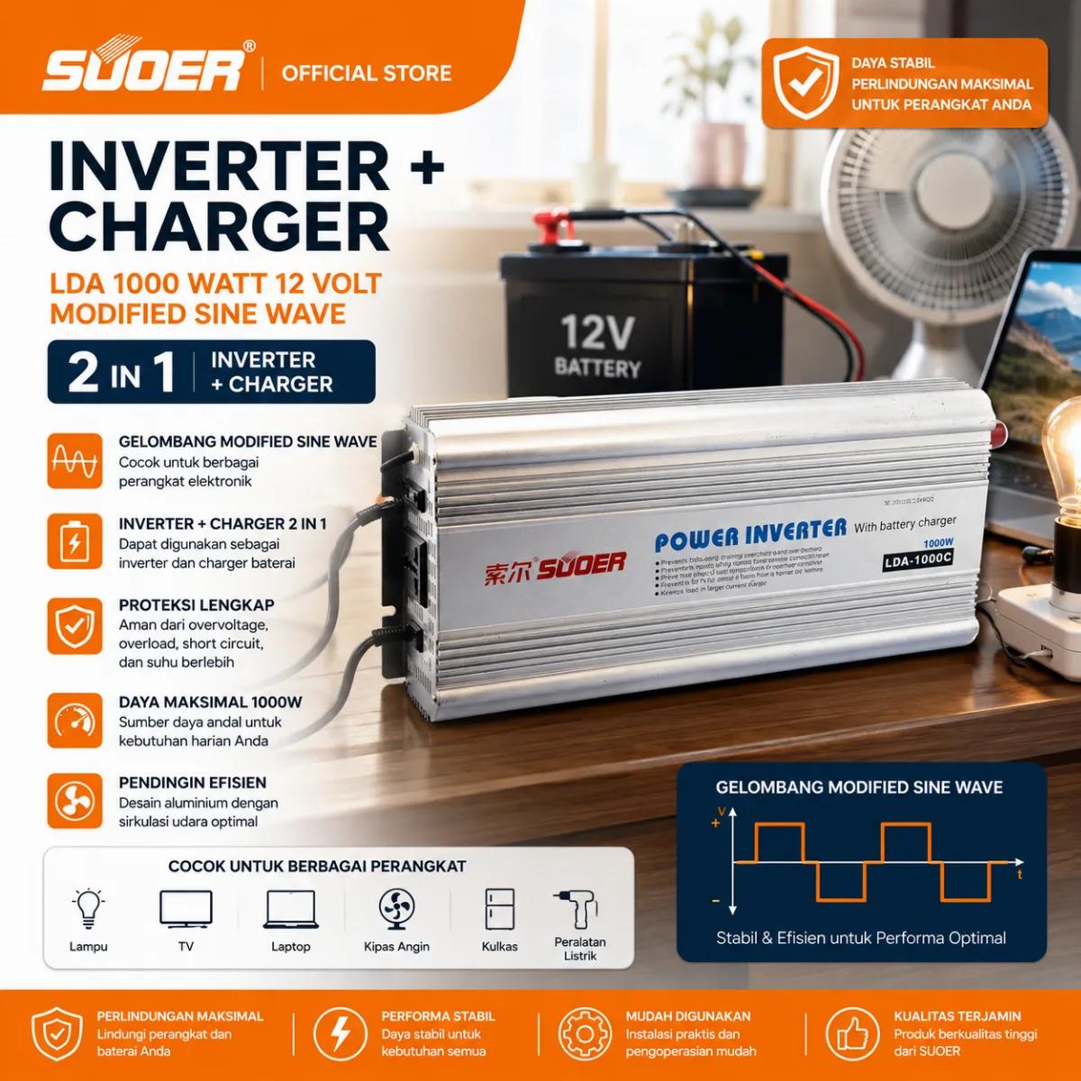 SUOER INVERTER + CHARGER LDA-1000C 1000 Watt 12 Volt MSW