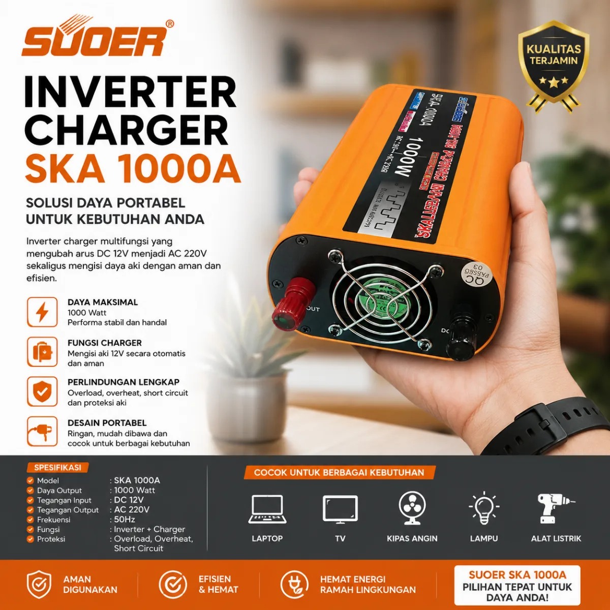 SUOER INVERTER CHARGER SKA 1000A 12V ke 220V